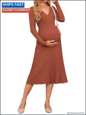 Long Sleeve Maternity Midi Dress Ribbed Knit Wrap V Neck Pleated Baby Shower